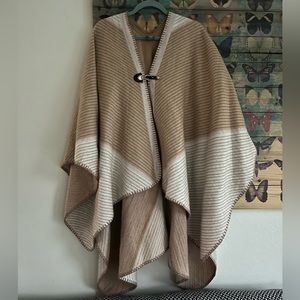 vince camuto oversized camel striped shawl poncho wrap with front buckle